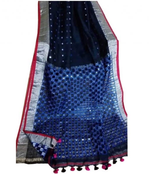 Black &amp; Blue Linen Cut Work Saree